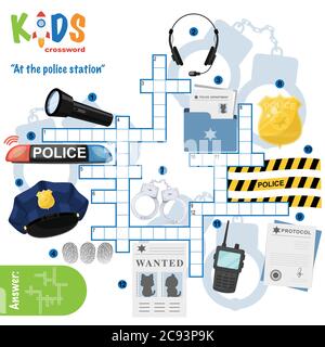 Recherche facile de mots mots croisés puzzle 'au poste de police', pour les enfants dans l'école primaire et moyenne. Moyen amusant de pratiquer la compréhension du langage an Illustration de Vecteur