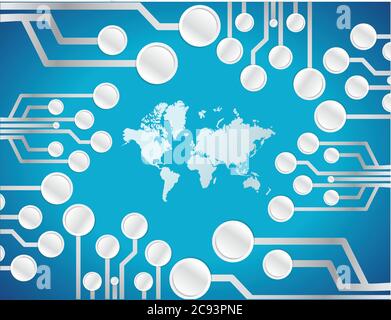 Carte du monde conception d'illustration de carte de circuit imprimé sur un fond bleu Illustration de Vecteur