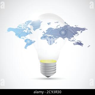 Ampoule et design de connexion de carte du monde sur fond blanc Illustration de Vecteur