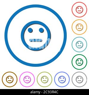 Émoticone neutre icônes vectorielles couleur plates avec ombres dans des contours ronds sur fond blanc Illustration de Vecteur