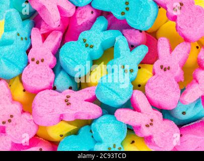 Texture d'arrière-plan-plein cadre jumble de marshmallow coloré Peeps de Pâques Banque D'Images