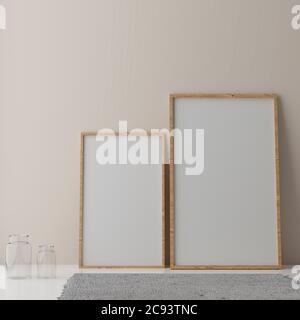 Deux maquettes verticales blanches, cadre blanc sur mur beige, illustration 3d Banque D'Images