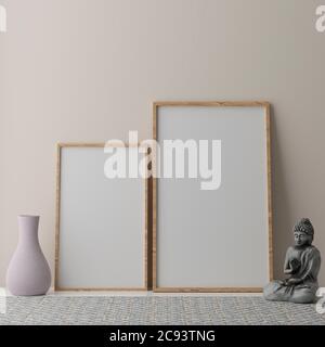 Deux maquettes verticales blanches, cadre blanc sur mur beige, illustration 3d Banque D'Images