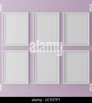 Six cadre vertical en bois maquette sur fond de mur violet avec plantes, illustration 3d Banque D'Images