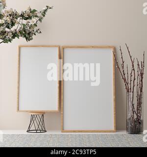 Deux maquettes verticales blanches, cadre blanc sur mur beige, illustration 3d Banque D'Images