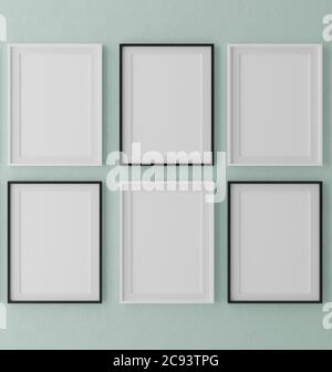 Six cadre vertical en bois maquette sur fond de mur vert avec plantes, illustration 3d Banque D'Images