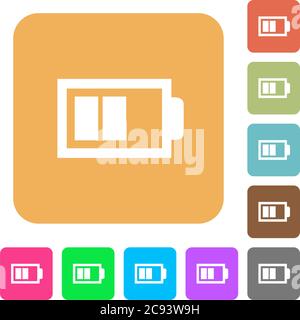 Demi-batterie avec deux unités de charge icônes plates sur fond carré arrondi de couleur vive. Illustration de Vecteur