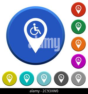 Accessibilité pour les personnes handicapées emplacement de la carte GPS boutons ronds de couleur biseautés avec surfaces lisses et icônes blanches plates Illustration de Vecteur