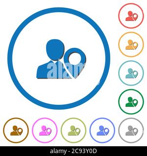 Emplacement de l'utilisateur icônes vectorielles de couleur plate avec des ombres dans des contours ronds sur fond blanc Illustration de Vecteur