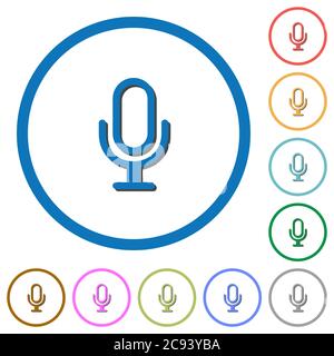 Icônes vectorielles couleur plates du microphone avec ombres dans des contours ronds sur fond blanc Illustration de Vecteur