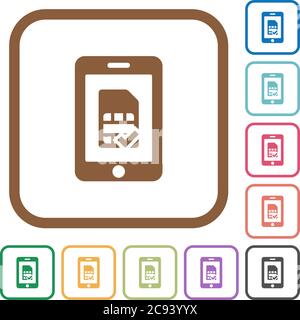 Mobile simcard accepte des icônes simples dans des cadres carrés de couleur arrondis sur fond blanc Illustration de Vecteur