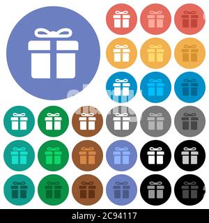 Boîte cadeau icônes plates multicolores sur fond rond. Inclus des variantes d'icônes blanches, claires et sombres pour les effets de survol et de statut actif, et bonus Illustration de Vecteur