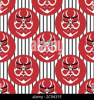 Scénario japonais Kabuki face fond de motif sans couture. Masque de théâtre noir et blanc avec cercles rouges sur toile de fond rayée. Aragoto stylisé Illustration de Vecteur