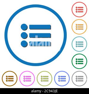 Liste à puces icônes vectorielles couleur plates avec ombres dans les contours ronds sur fond blanc Illustration de Vecteur