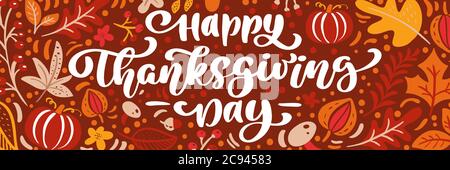 Carte de vœux bannière panoramique Happy Thanksgiving Day. Texte de calligraphie avec potiron et feuilles. Illustration vectorielle isolée. Positif Illustration de Vecteur
