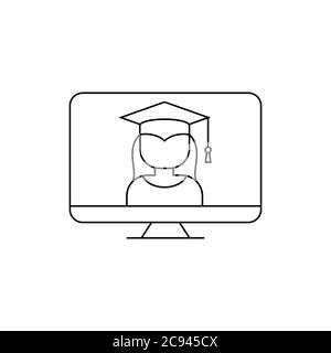 Une étudiante sur une icône de ligne d'écran de PC. Éducation en ligne, enseignement à domicile, concept d'apprentissage en ligne. Apprentissage à distance par appel vidéo. Vecteur de contour noir Illustration de Vecteur