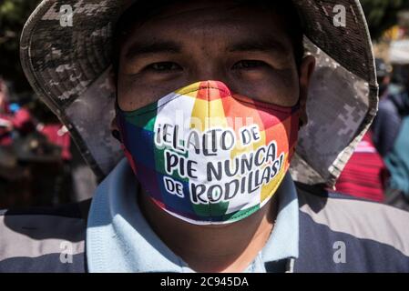 28 juillet 2020, Bolivie, El Alto: "El Alto toujours debout et ne jamais s'agenouiller", a été écrit sur le porte-parole aux couleurs du drapeau indigène lors d'une protestation contre le report renouvelé des élections présidentielles et parlementaires. La Cour suprême électorale avait reporté les élections prévues pour le 3 mai au 6 septembre, puis au 18 octobre, en raison de la pandémie. Après la réélection du Président Morales, le 20 octobre 2019, le pays a été gravement agitations. Morales avait démissionné sous la pression de l’armée. Il a été accusé de fraude électorale. En Bolivie, un gov intérimaire Banque D'Images