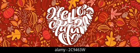 Carte de vœux avec texte Bonjour automne sous forme de coeur. Bannière panoramique feuilles d'érable orange, feuillage de septembre, octobre ou novembre, chêne et bouleau Illustration de Vecteur