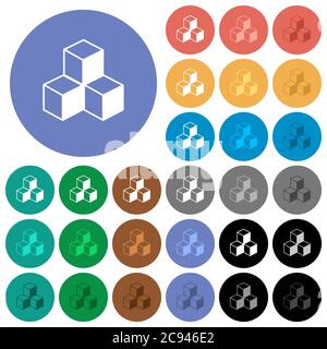 Cubes icônes plates multicolores sur arrière-plans ronds. Inclus des variantes d'icônes blanches, claires et sombres pour les effets de survol et de statut actif, et sha bonus Illustration de Vecteur