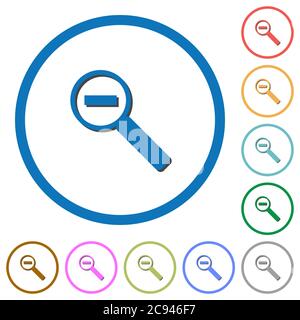 Zoom arrière sur les icônes vectorielles couleur plates avec des ombres dans les contours ronds sur fond blanc Illustration de Vecteur
