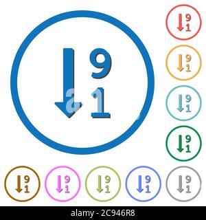 Liste numérotée descendante icônes vectorielles couleur plates avec ombres dans des contours ronds sur fond blanc Illustration de Vecteur
