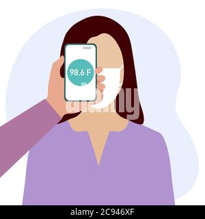 Illustration vectorielle le téléphone placé sur le front de la personne mesure la température à distance. Nouvelle technologie. Nouvelle normale. Mesure du tempérament du corps humain Illustration de Vecteur