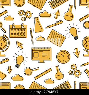 Vector Education modèle sans couture Illustration flacons, ordinateur, livre, planificateur, ampoule, globe, stylo, crayon, loupe, engrenages, règle. Conc. D'apprentissage Illustration de Vecteur