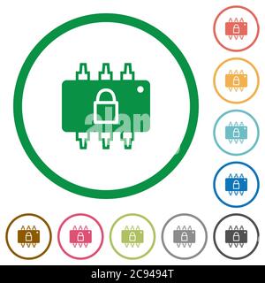 Icônes de couleur plate verrouillées par le matériel dans des contours ronds sur fond blanc Illustration de Vecteur