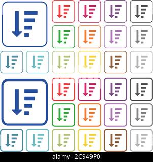 Les icônes plates de couleur du mode liste ordonnée décroissant dans les cadres carrés arrondis. Versions minces et épaisses incluses. Illustration de Vecteur