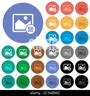 Palette de couleurs d'image icônes plates multicolores sur arrière-plans ronds. Inclut des variantes d'icônes blanches, claires et sombres pour les effets de survol et d'état actif, Illustration de Vecteur