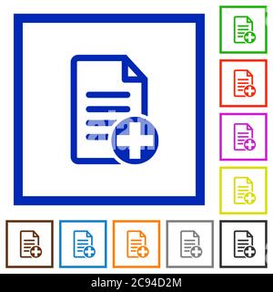 Ajoutez de nouvelles icônes de couleur plate de document dans des cadres carrés sur fond blanc Illustration de Vecteur