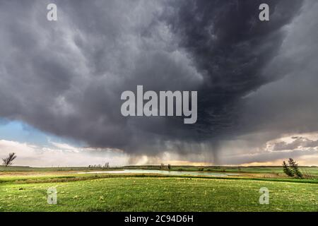 Panorama d'une cellule météorologique de mésocyclone massive, qui est un stade pré-tornade, passe sur une partie herbeuse des grandes Plaines tout en essayant férocement Banque D'Images