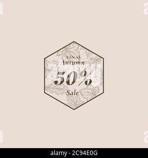 Solde de remise d'automne. Modèle d'étiquette, d'affiche ou de carte abstrait Vector Retro. Dessin à la main d'érable, de raisin et de feuille d'chêne avec Vintage Illustration de Vecteur