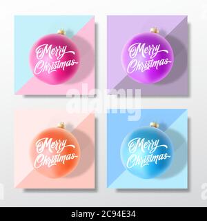 Jeu de modèles de cartes de vœux, affiches, bannières ou invitations de fête aux couleurs pastel. Balle de Noël réaliste vectoriel avec ombres douces et Illustration de Vecteur
