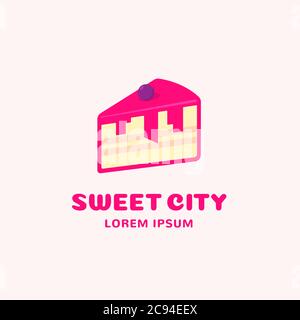 Modèle de symbole, de symbole ou de logo Sweet City Abstract Vector. CityScape incorporée dans un gâteau. Joli emblème de dessin animé pour un café ou Illustration de Vecteur