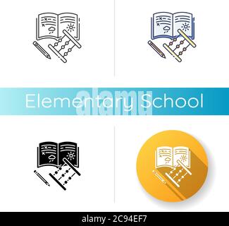 Icône école élémentaire. Styles de couleur linéaire noir et RVB. Enseignement primaire, connaissances de base. Équipement pour étudiants de l'année junior. Copybook, crayon et aba Illustration de Vecteur