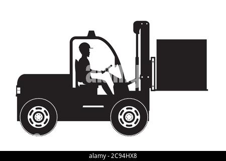 Silhouette d'un ouvrier d'entrepôt afro-américain chargé des caisses en bois. Conducteur de chariot élévateur au travail. Employé d'entrepôt de style plat isolé sur fond blanc Illustration de Vecteur