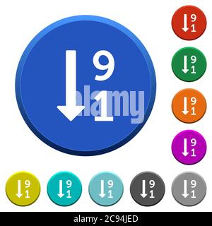 Liste numérotée descendante boutons ronds de couleur biseautés avec surfaces lisses et icônes blanches plates Illustration de Vecteur