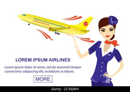 Jeune belle hôtesse d'air caucasienne et avion, modèle de bannière, isolé sur fond blanc, illustration vectorielle plate Illustration de Vecteur