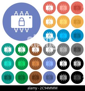 Icônes plates multicolores verrouillées sur fond rond. Inclut des variantes d'icônes blanches, claires et sombres pour les effets de survol et d'état actif, et Illustration de Vecteur