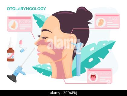 Otolaryngologie concept. Femme subissant un traitement de l'oreille, du nez ou de la gorge à la clinique ORL, illustration vectorielle isolée dans le style de dessin animé plat Illustration de Vecteur