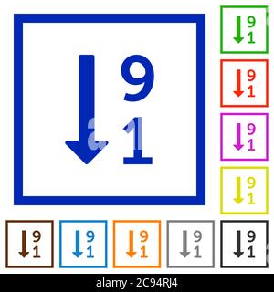 Liste numérotée descendante des icônes de couleur plate dans des cadres carrés sur fond blanc Illustration de Vecteur