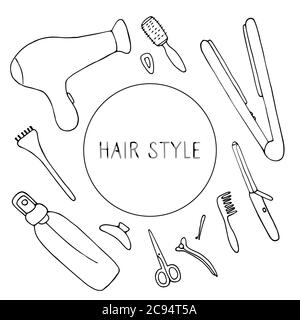 Style de cheveux. Outils, dispositifs pour la beauté des cheveux. Illustration vectorielle dessinée à la main Illustration de Vecteur