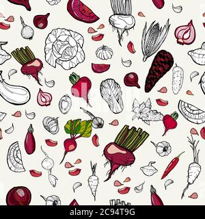 Légumes sans couture dessinés à la main, motif violet. Illustration de la cuisine hippster végétarienne. Légumes à motif vectoriel dessinés à la main. Vert frais pour le restaurant Illustration de Vecteur
