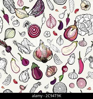 Motif de légumes à la main rose sans couture. Illustration de l'hipster végétarien. Motif vectoriel de légumes de couleur dessiné à la main. Affiche verte fraîche Illustration de Vecteur