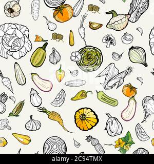Légumes sans couture dessinés à la main, motif jaune. Illustration de la cuisine hippster végétarienne. Légumes à motif vectoriel dessinés à la main. Restaurant vert frais Illustration de Vecteur