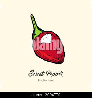 Isolat vectoriel de poivron rouge. Illustration dessinée à la main paprika capicum paprika rouge piment rouge icône logo Illustration de Vecteur