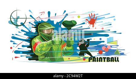 Joueur de paintball dans le vecteur de masque. Combat d'équipe. Peinture à bille. Armes en bataille. Taches et éclaboussures. Bannière pour un T-shirt blanc clair, publicité. Peinture Illustration de Vecteur