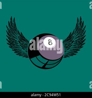 Illustration vectorielle d'une boule de billard noire avec ailes sur fond vert. Design pour les joueurs de billard ou de billard. Illustration de Vecteur