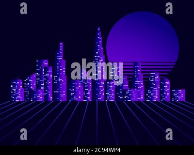 Panorama nocturne de la ville avec gratte-ciels rétro futuriste style années 80. Style Synthwave et four à micro-ondes. Illustration vectorielle Illustration de Vecteur